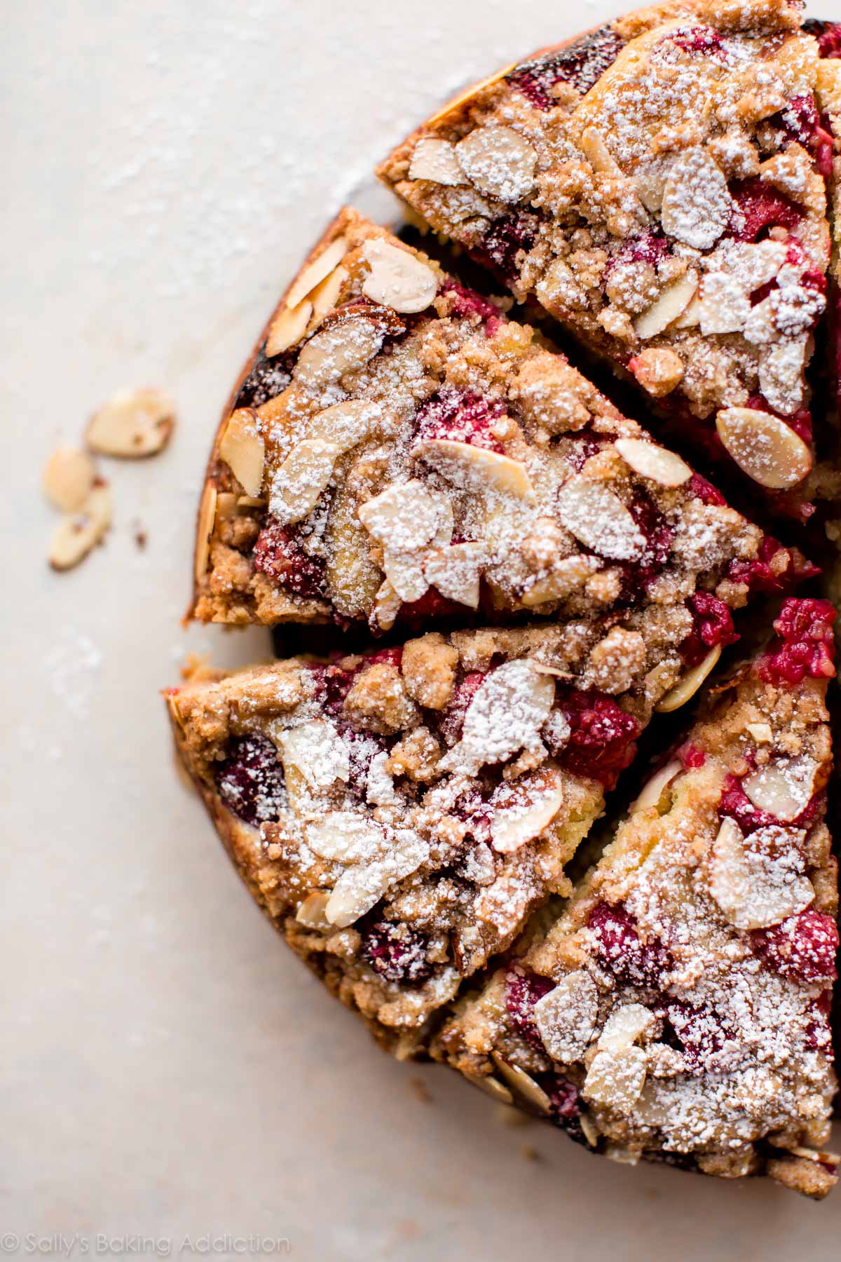overhead image of sliced raspberry almond crumb cake