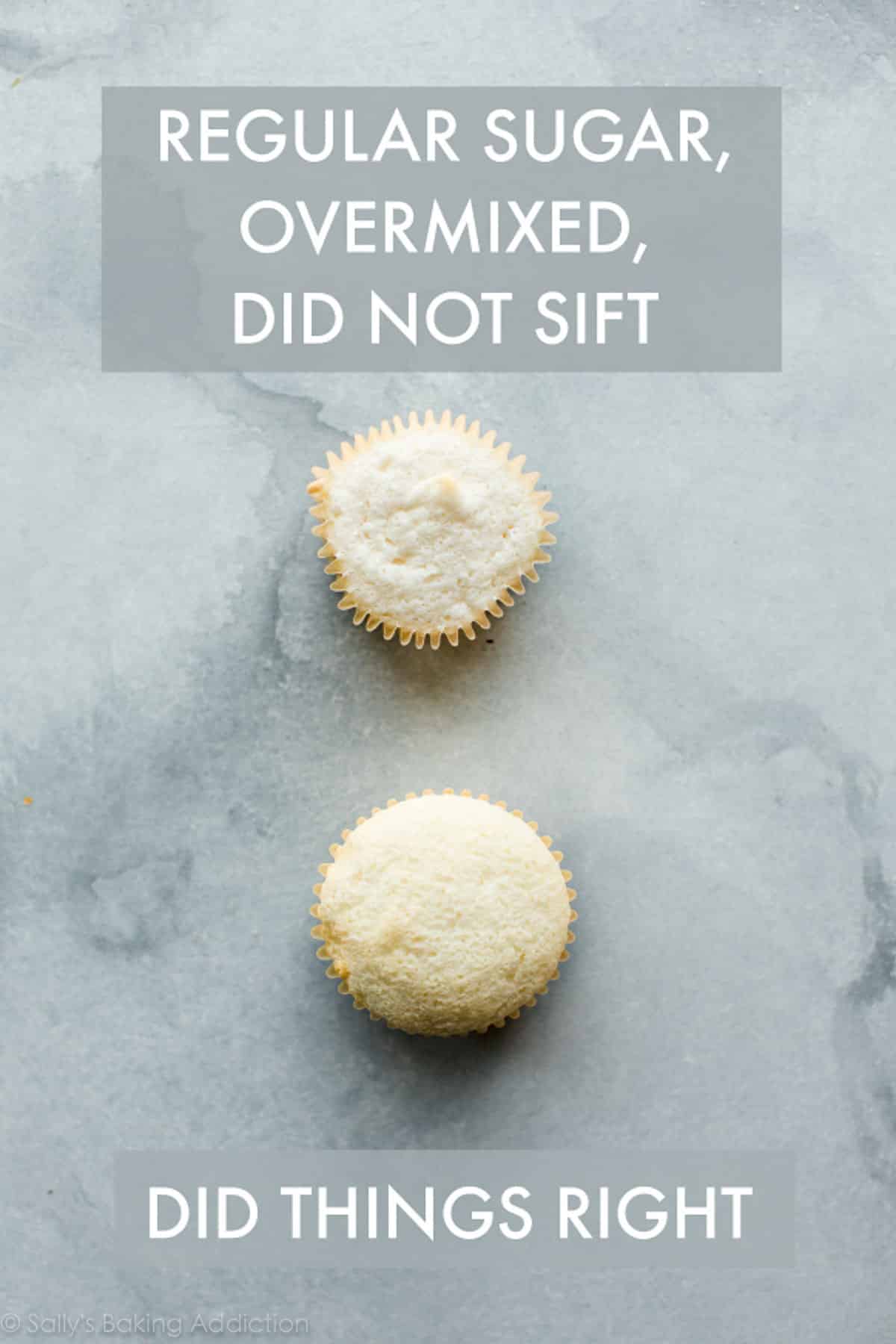 2 angel food cupcakes with one overmixed cupcake and one perfect cupcake