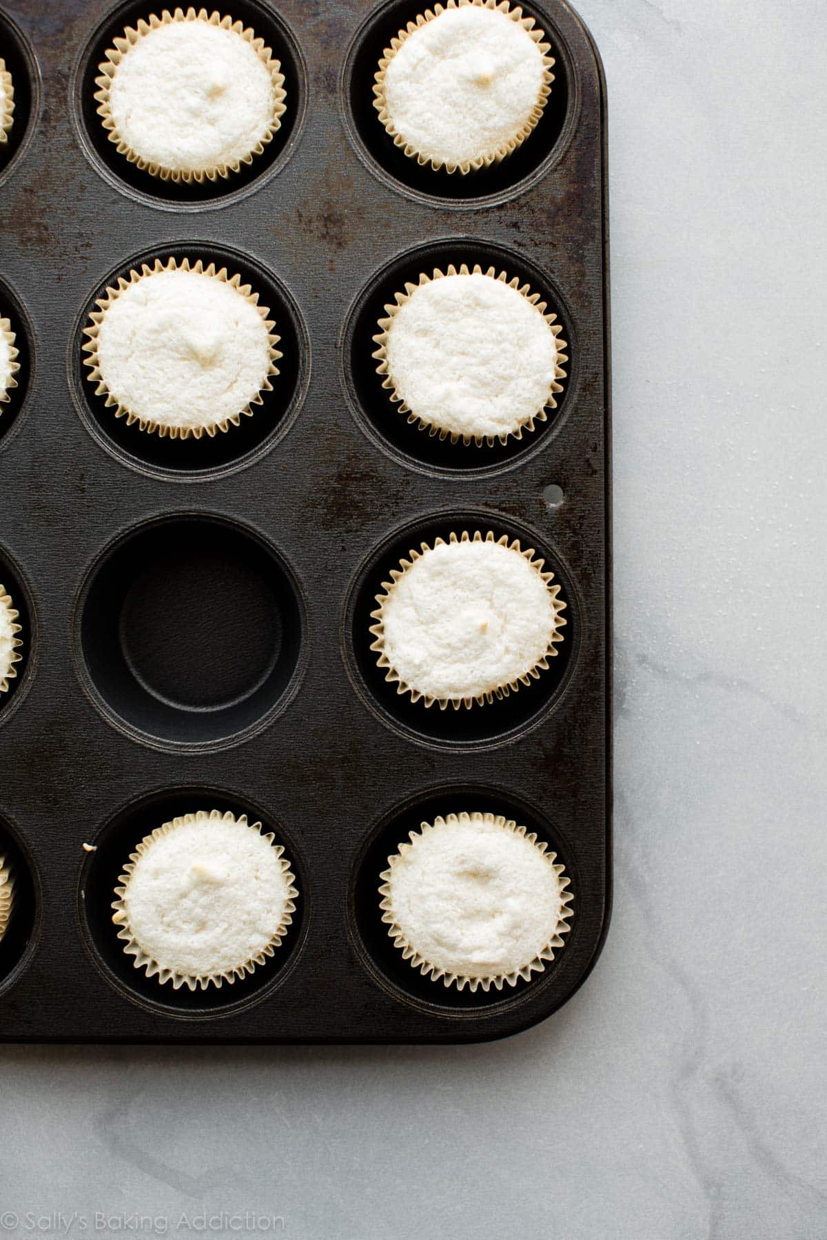 shrunken angel food cupcakes in cupcake pan