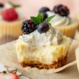mini cheesecake with whipped cream and berries on top.