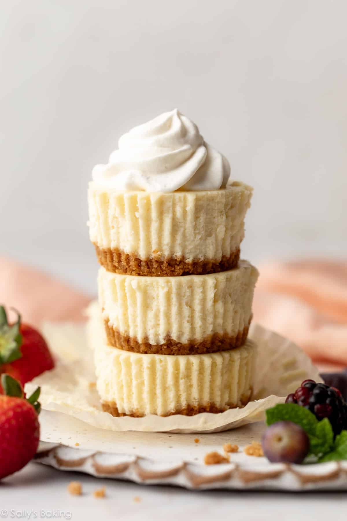 stack of 3 mini cheesecakes.