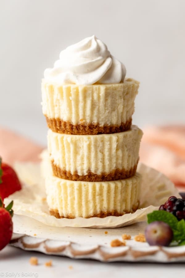 stack of 3 mini cheesecakes.
