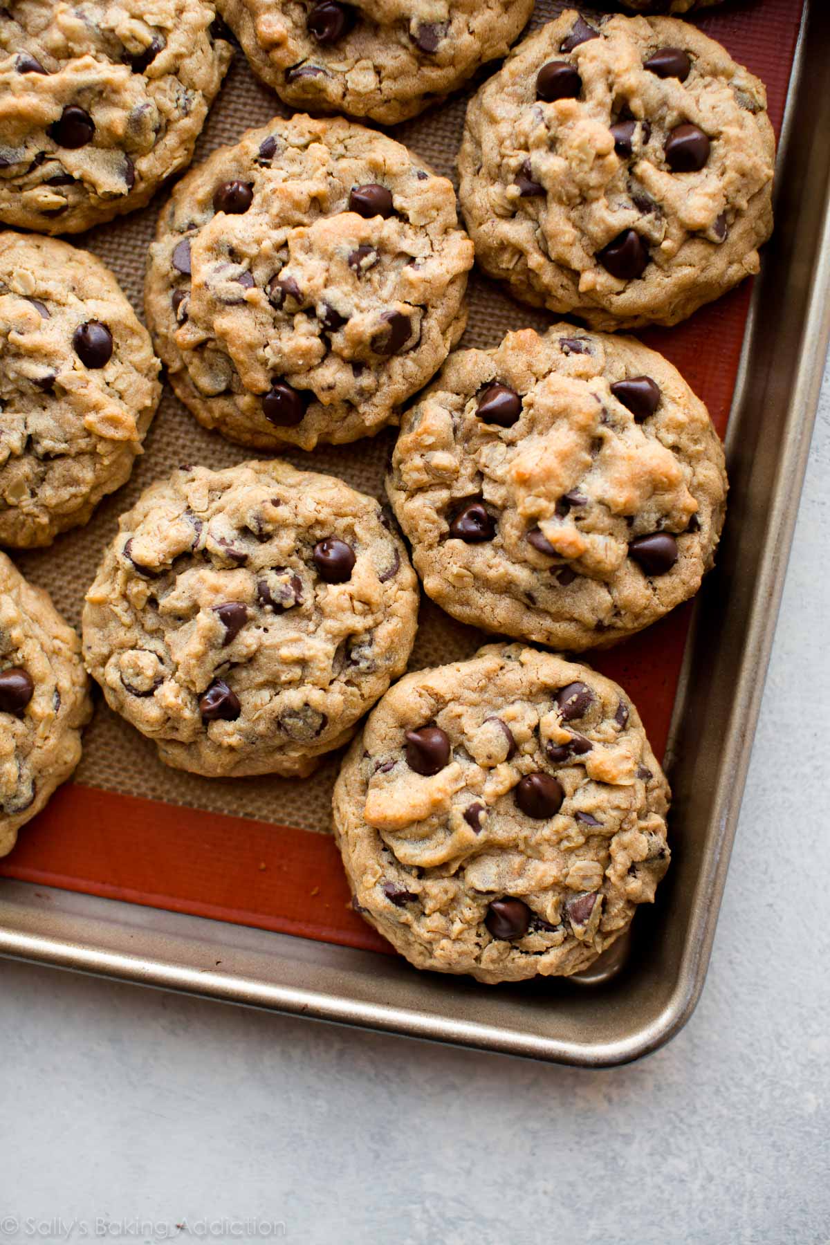 peanut butter oatmeal chocolate chip cookies on a baking sheet after baking