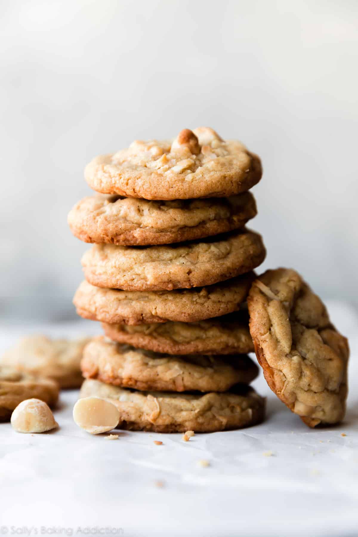 stack of coconut macadamia nut cookies