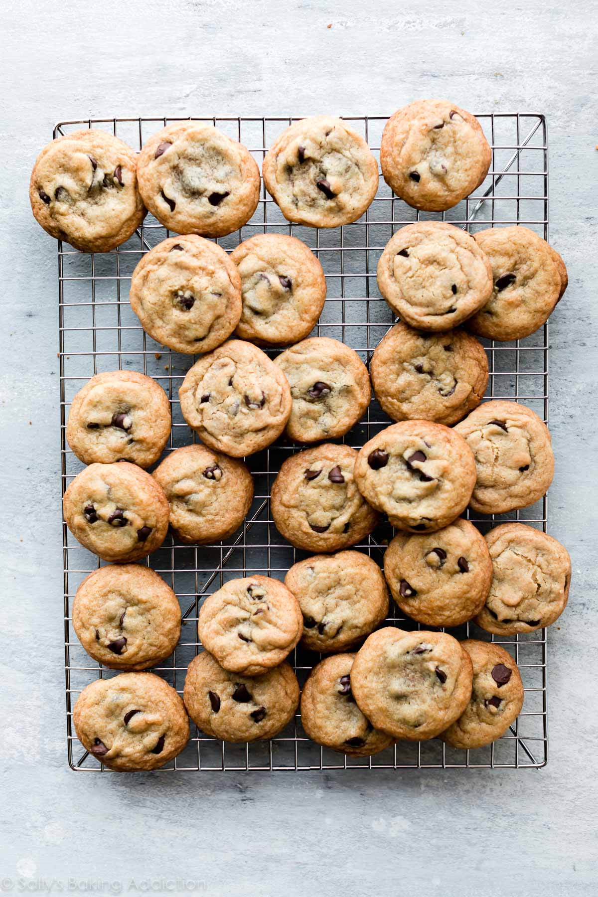crispy chocolate chip cookies on a cooling rack