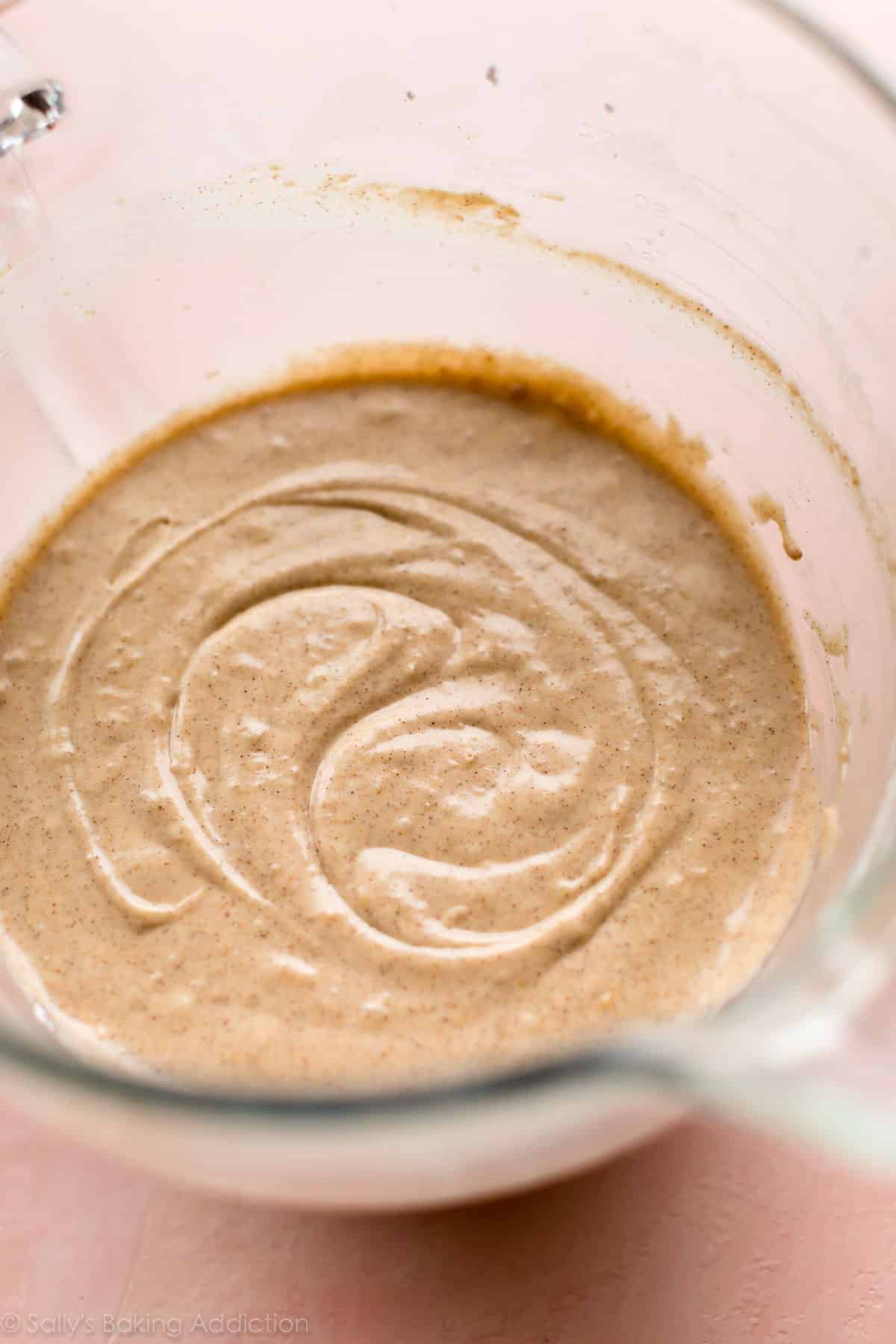 Chai latte cupcake batter in a glass bowl