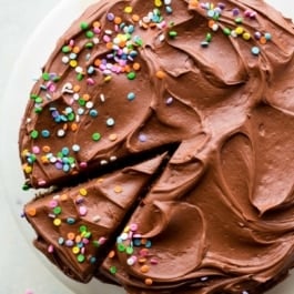chocolate cream cheese frosting on cake.
