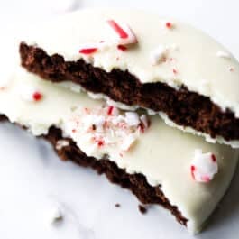Peppermint bark cookie broken in half