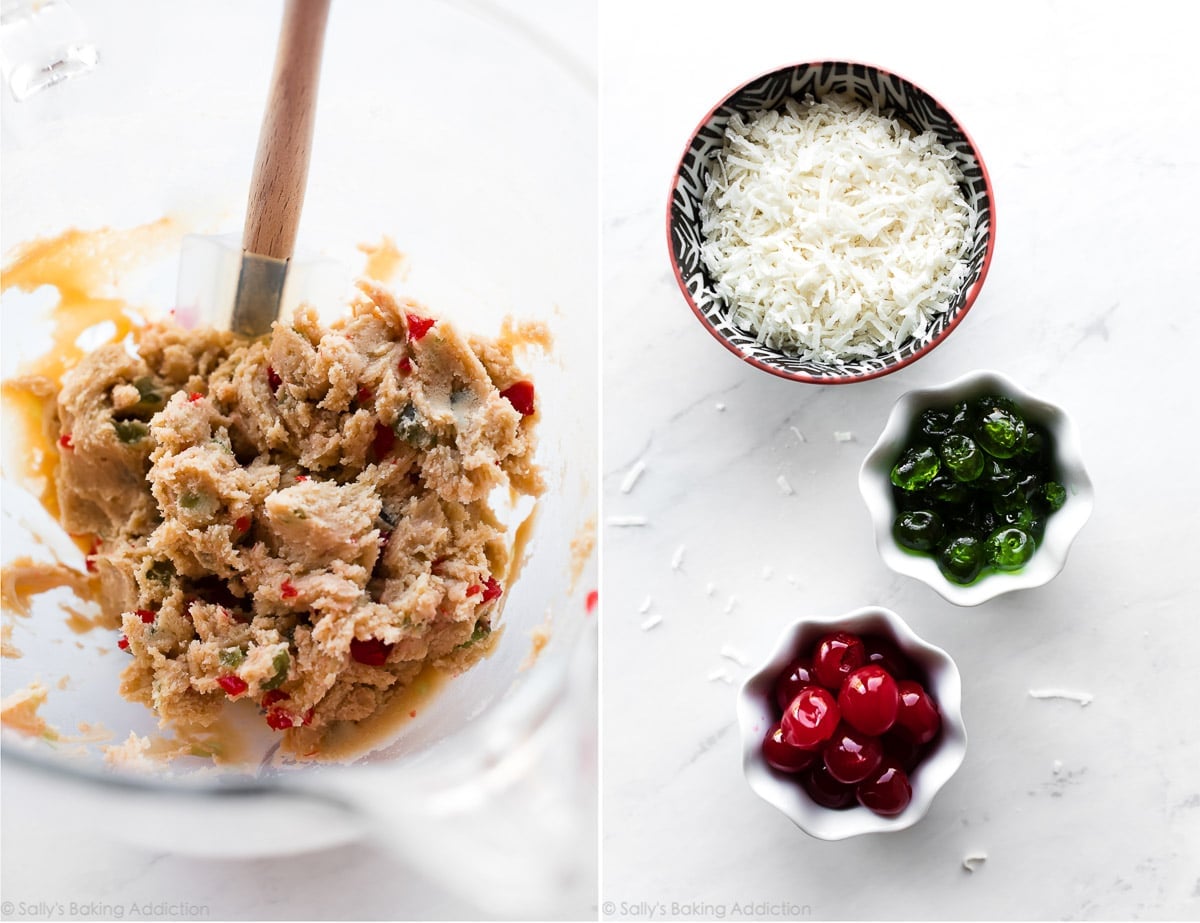 2 images of Santa's whiskers cookie dough in a glass bowl and cookie dough add ins in bowls