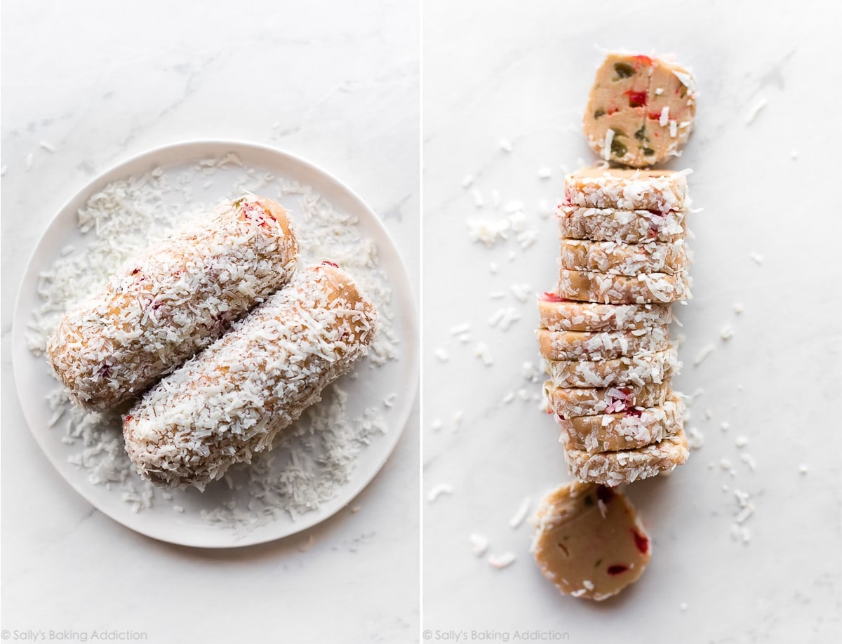 2 images of 2 logs of slice and bake cookie dough rolled in coconut on a white plate and a log of cookie dough cut into slices