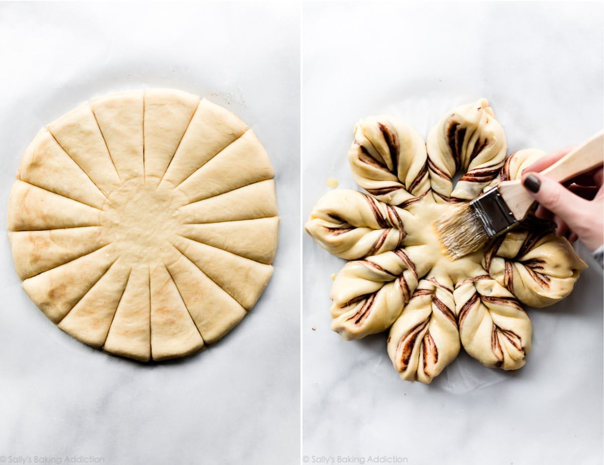 2 images of star bread with slits cut and brushing egg wash onto assembled star bread before baking