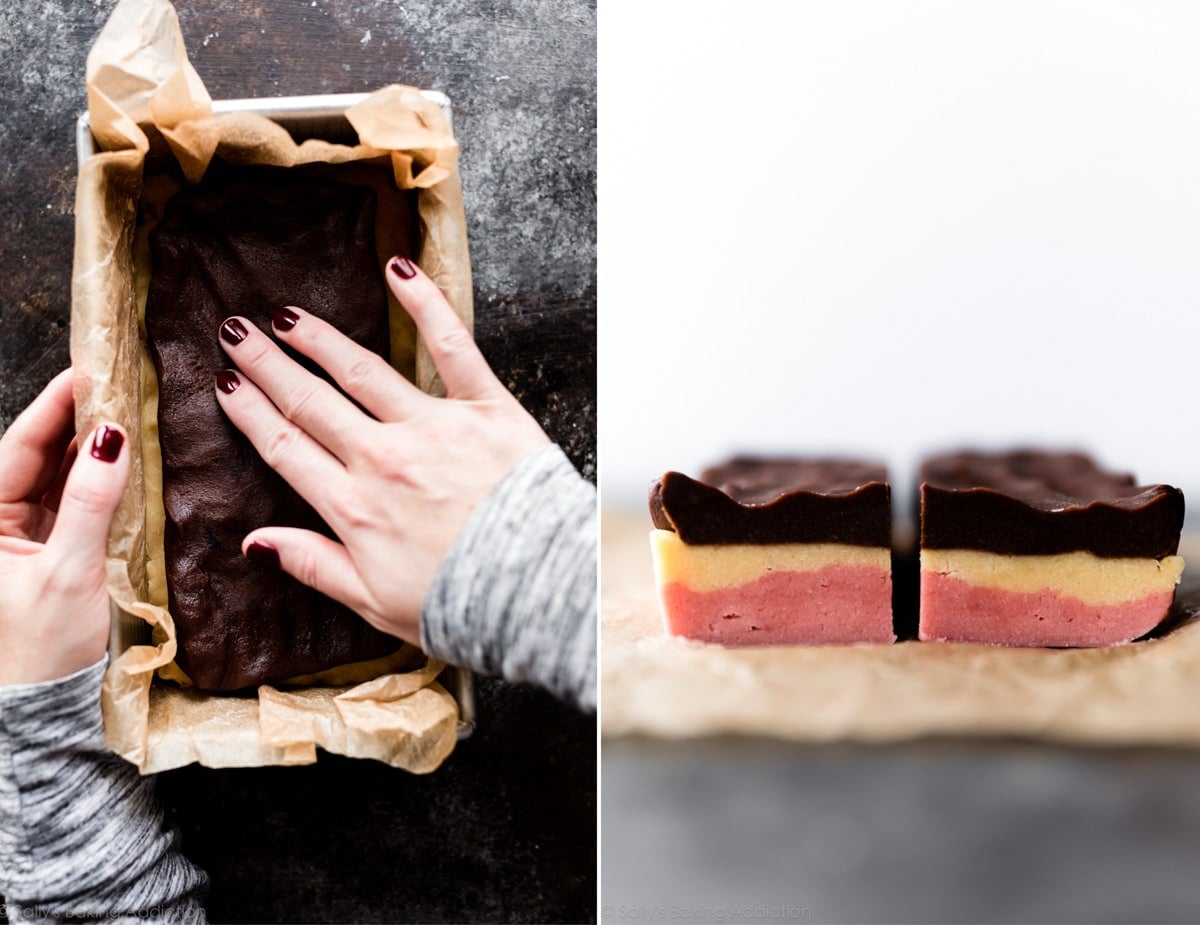 2 images of pressing cookie dough into loaf pan and slicing cookie dough