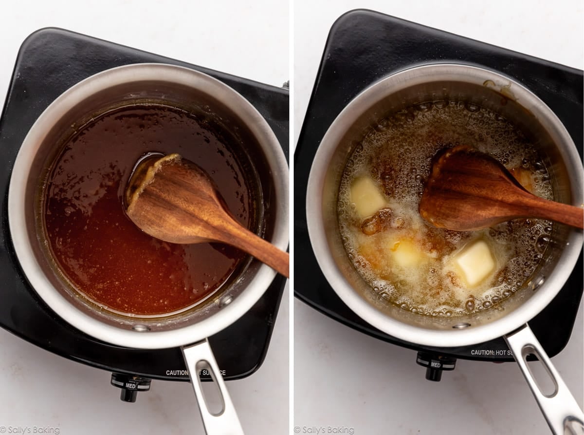 caramelized sugar in pot and shown again after adding butter.