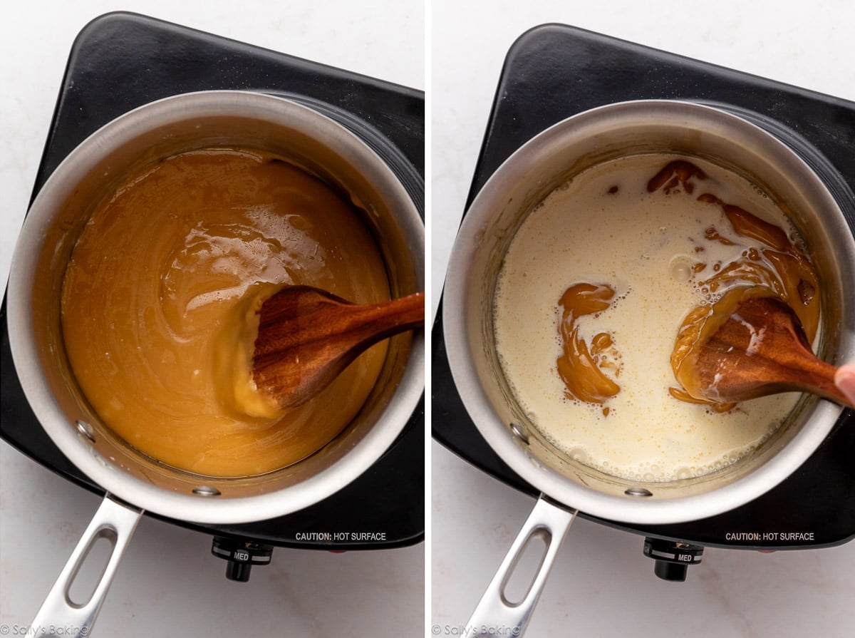 cooking caramel in pot with wooden spoon stirring it.