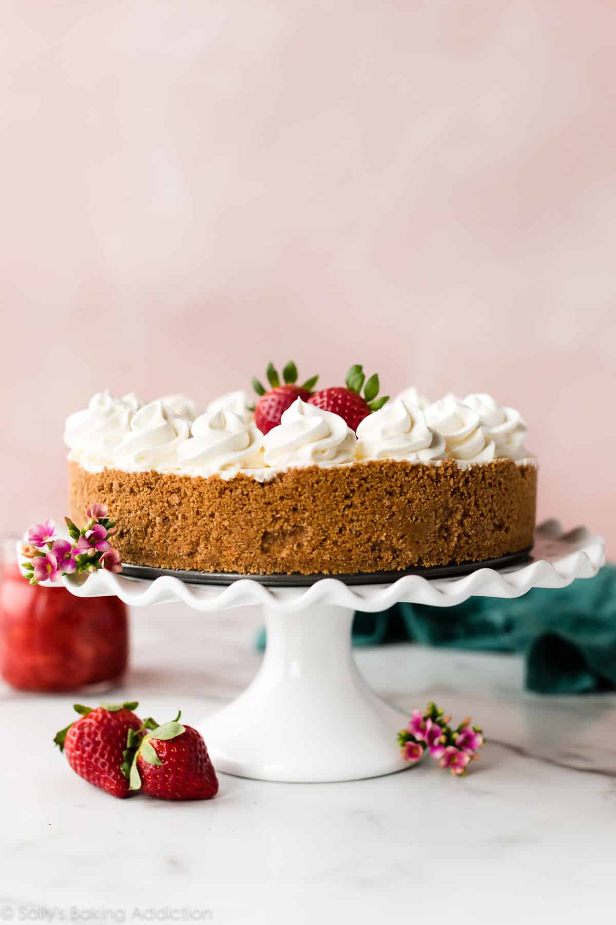 No bake cheesecake on white cake stand
