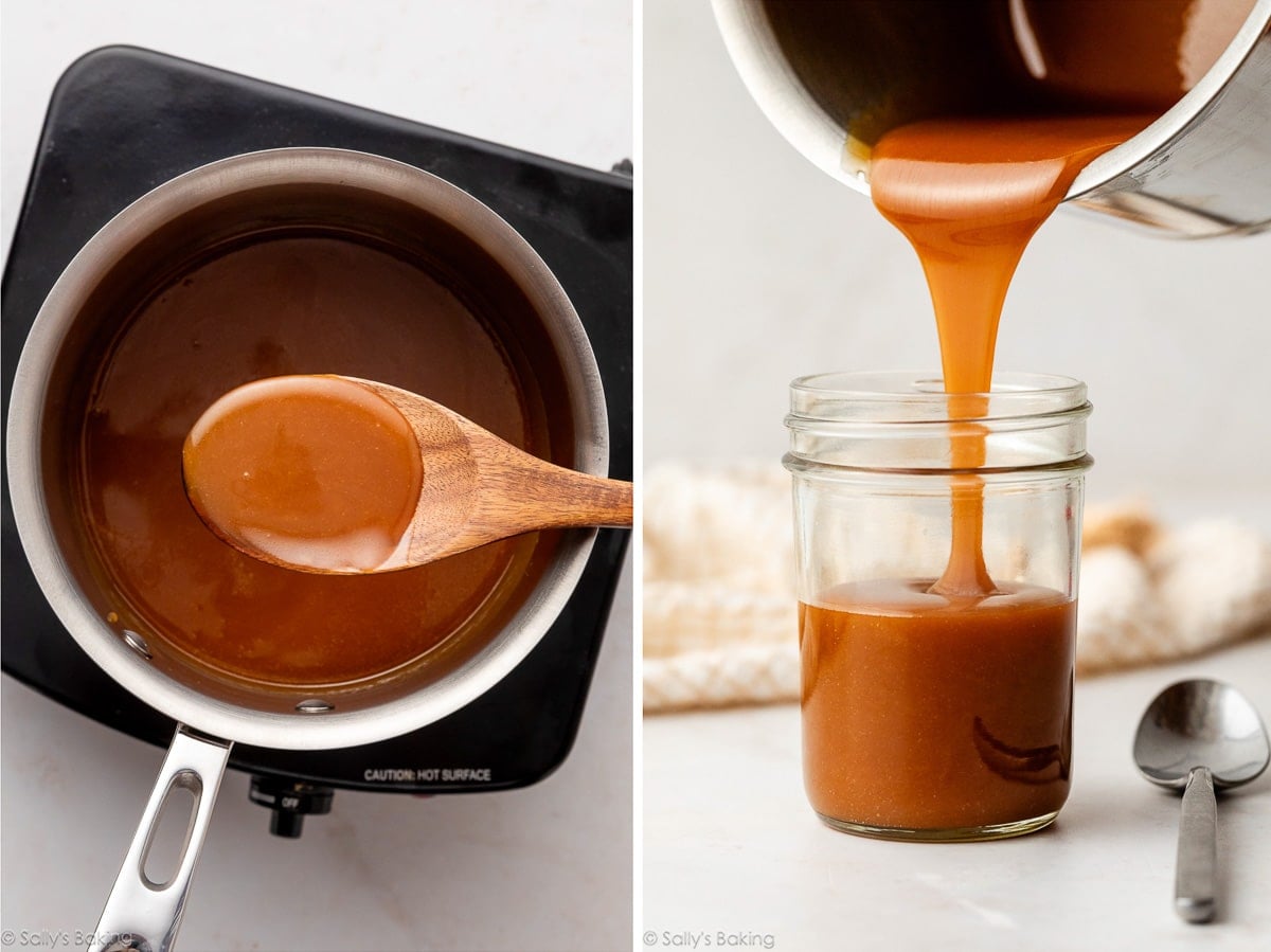 caramel sauce on spoon and being poured into a glass jar.