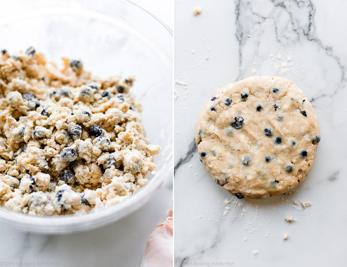 2 images of blueberry scone dough in a glass bowl and dough formed into a circle