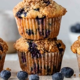 stack of 2 blueberry muffins.