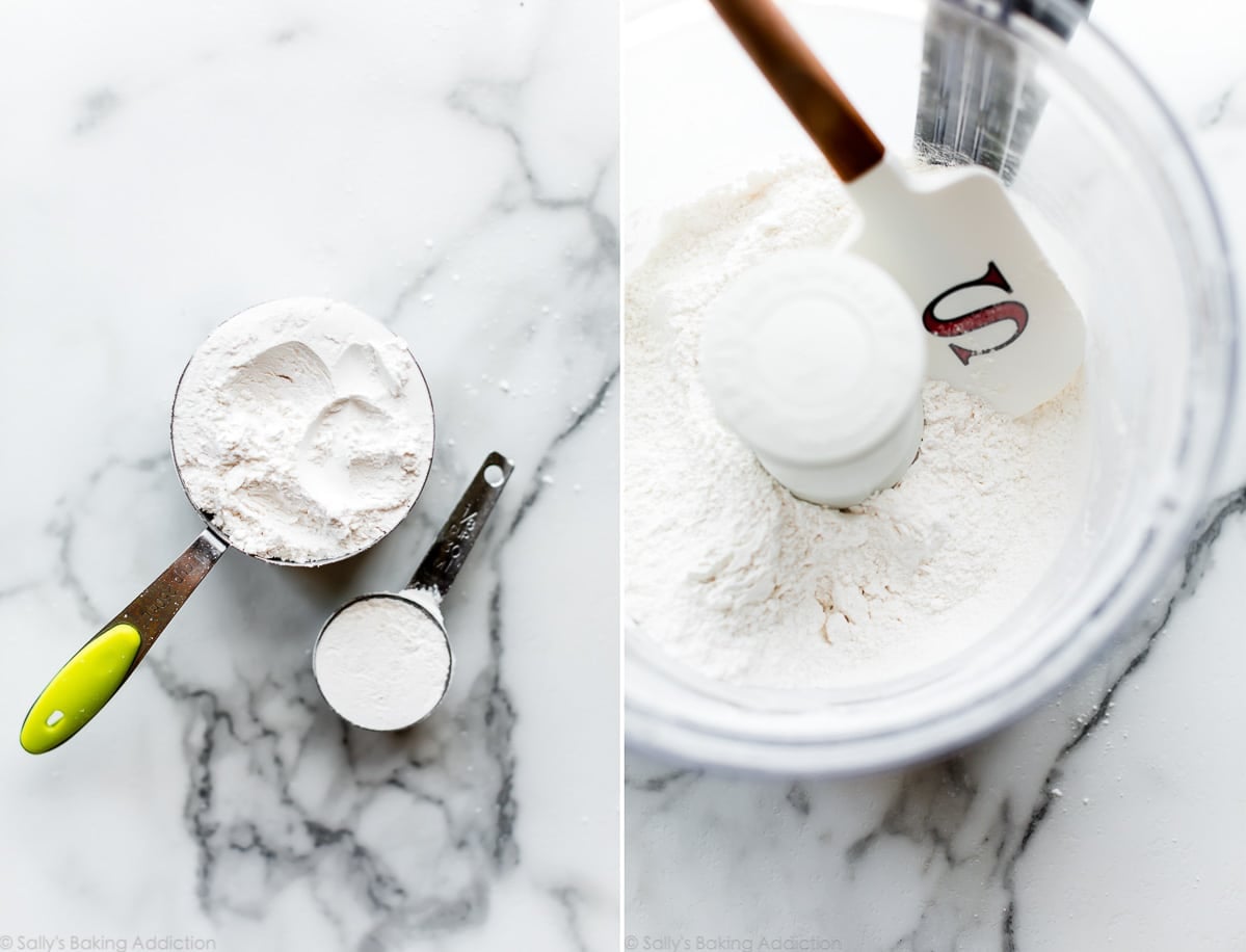 2 images of cake flour in measuring cups and food processor