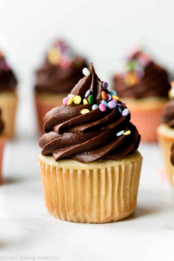 Yellow birthday cupcakes with chocolate frosting and sprinkles