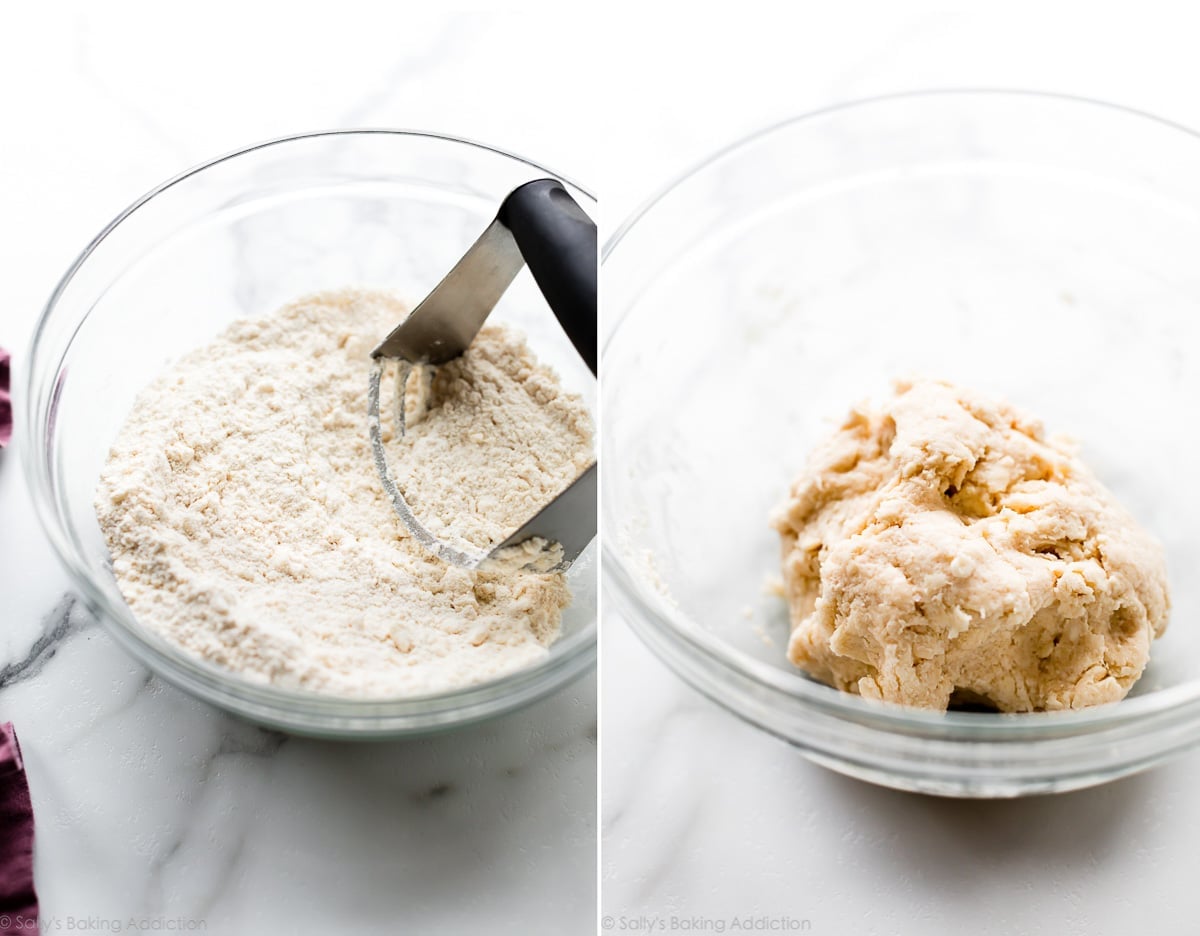 2 images of biscuit topping for cobbler with pastry cutter and formed into a ball