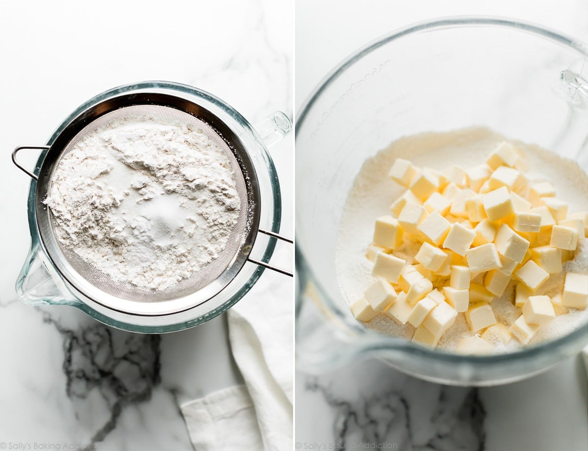 2 images of dry ingredients in a sieve and cubes of butter with dry ingredients