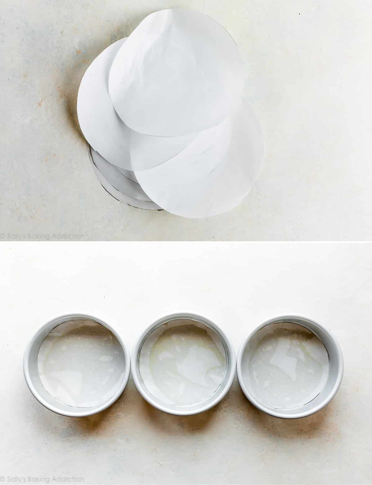 2 images of cut out parchment paper rounds and parchment paper rounds in cake pans