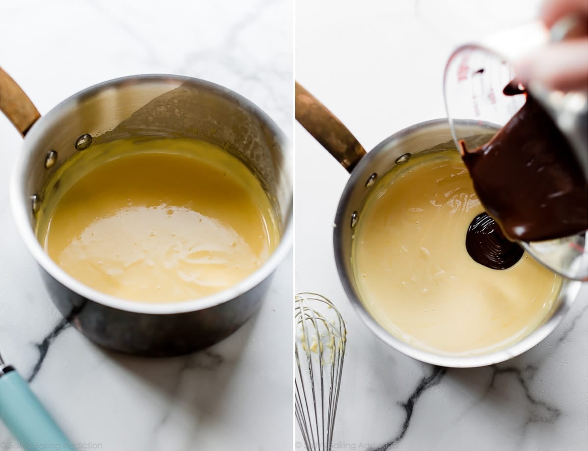 2 images of egg yolk mixture in saucepan and adding melted chocolate to egg yolk mixture