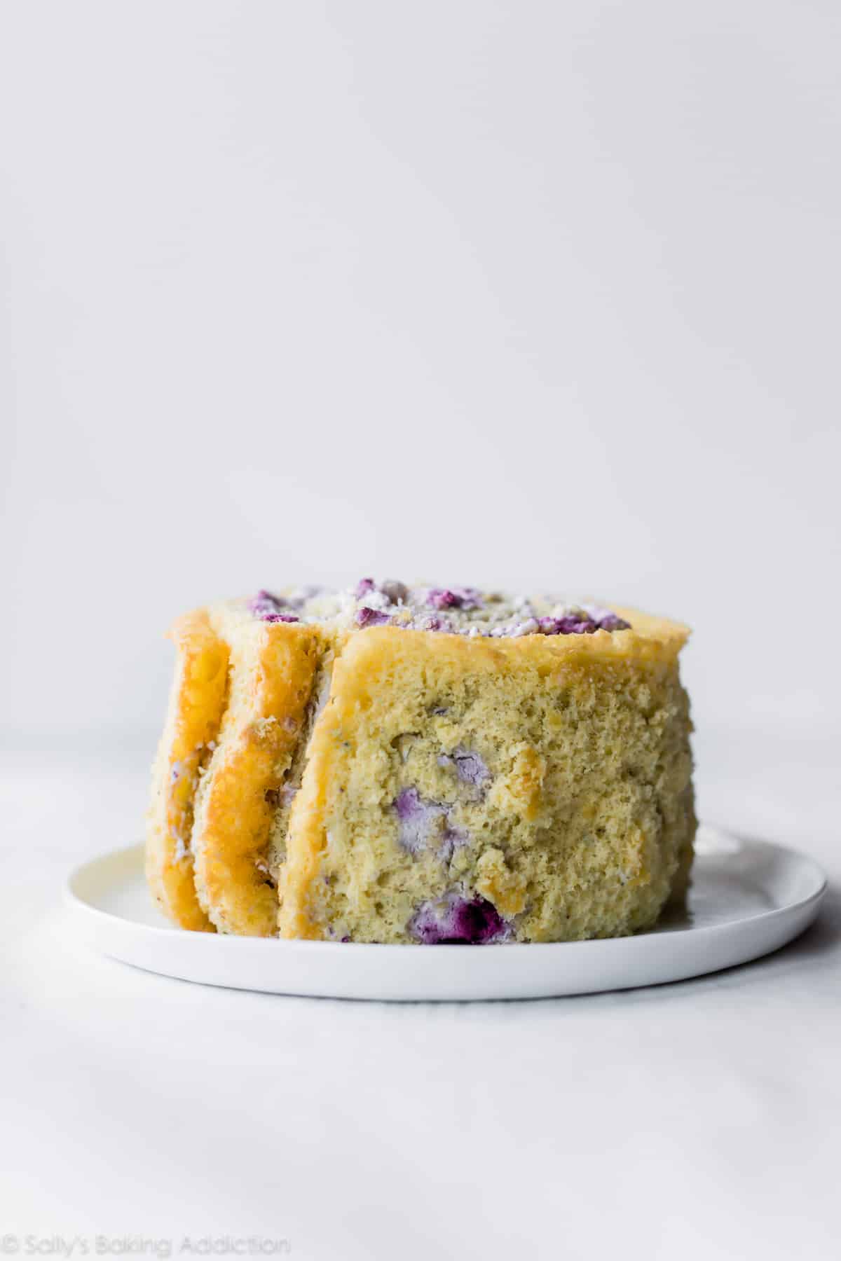 torn vertical cake on white plate