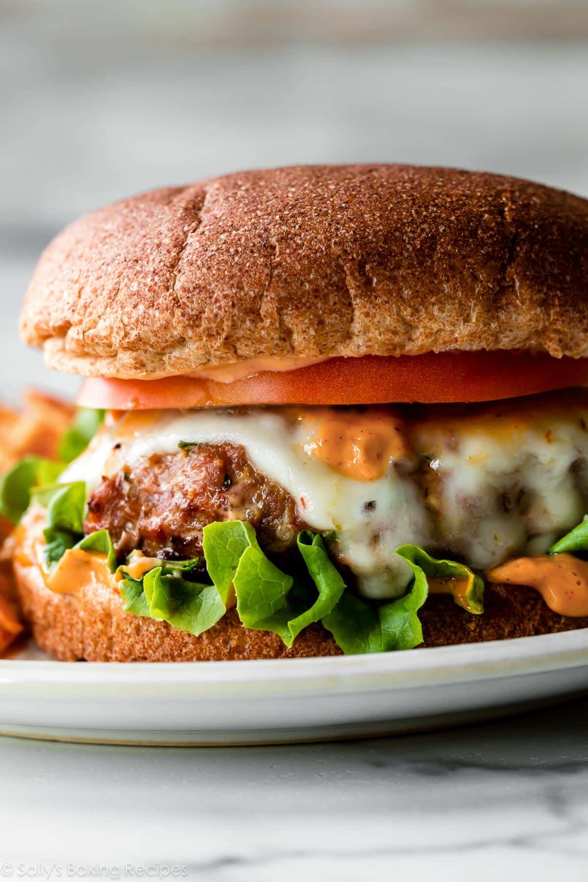 spicy turkey burger on whole wheat bun with lettuce and pepper jack cheese.