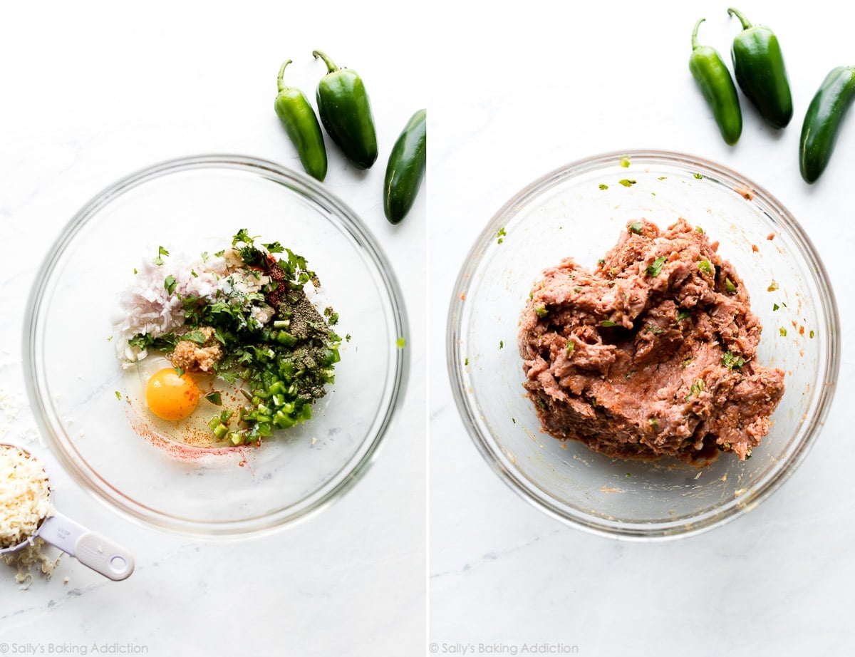 2 images of turkey burger mixture in glass bowl