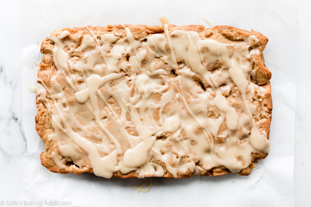 apple blondies with brown butter icing removed from baking pan