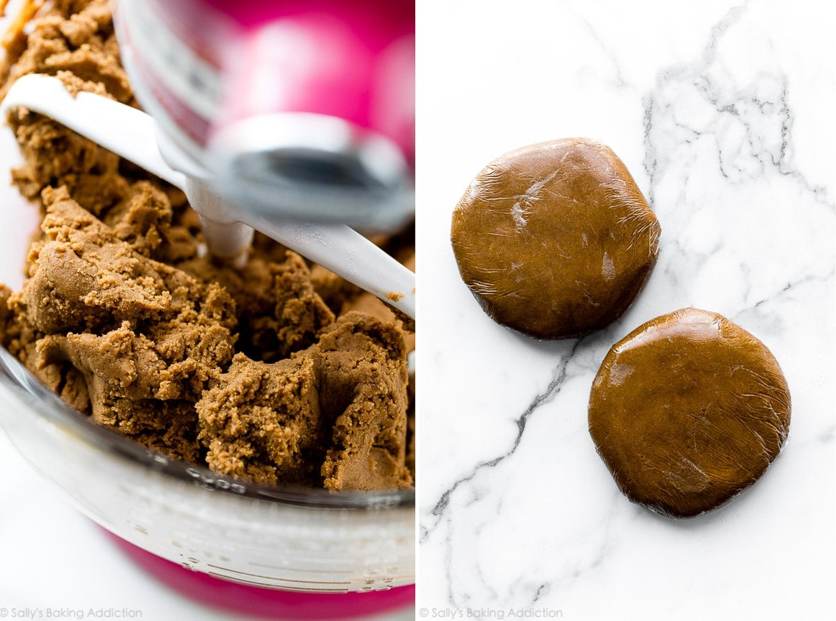 gingerbread cookie sandwich cookie dough in a mixer and wrapped into discs