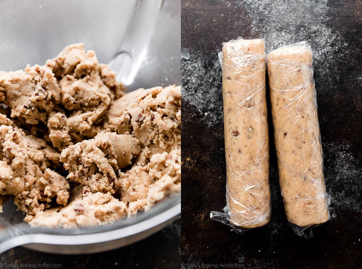 2 images of pecan slice and bake cookie dough in a bowl and wrapped as logs