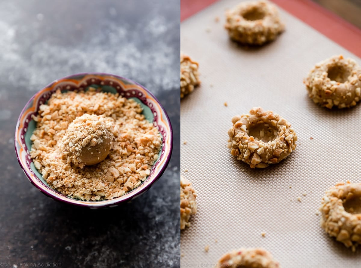 peanut butter jam thumbprints rolled in peanuts