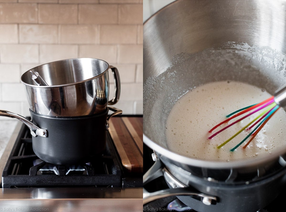cooking egg whites and sugar on stove