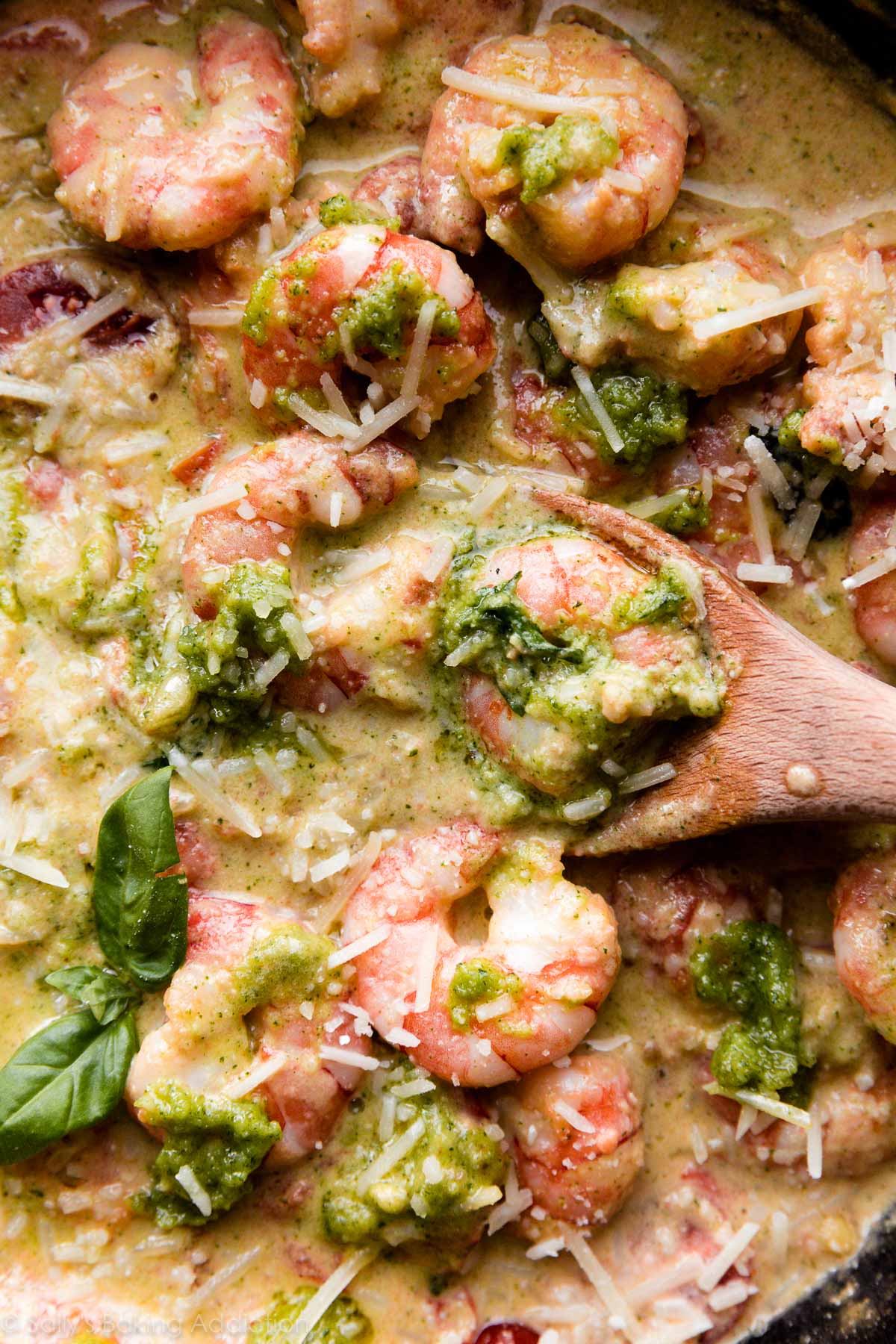 creamy pesto shrimp in skillet