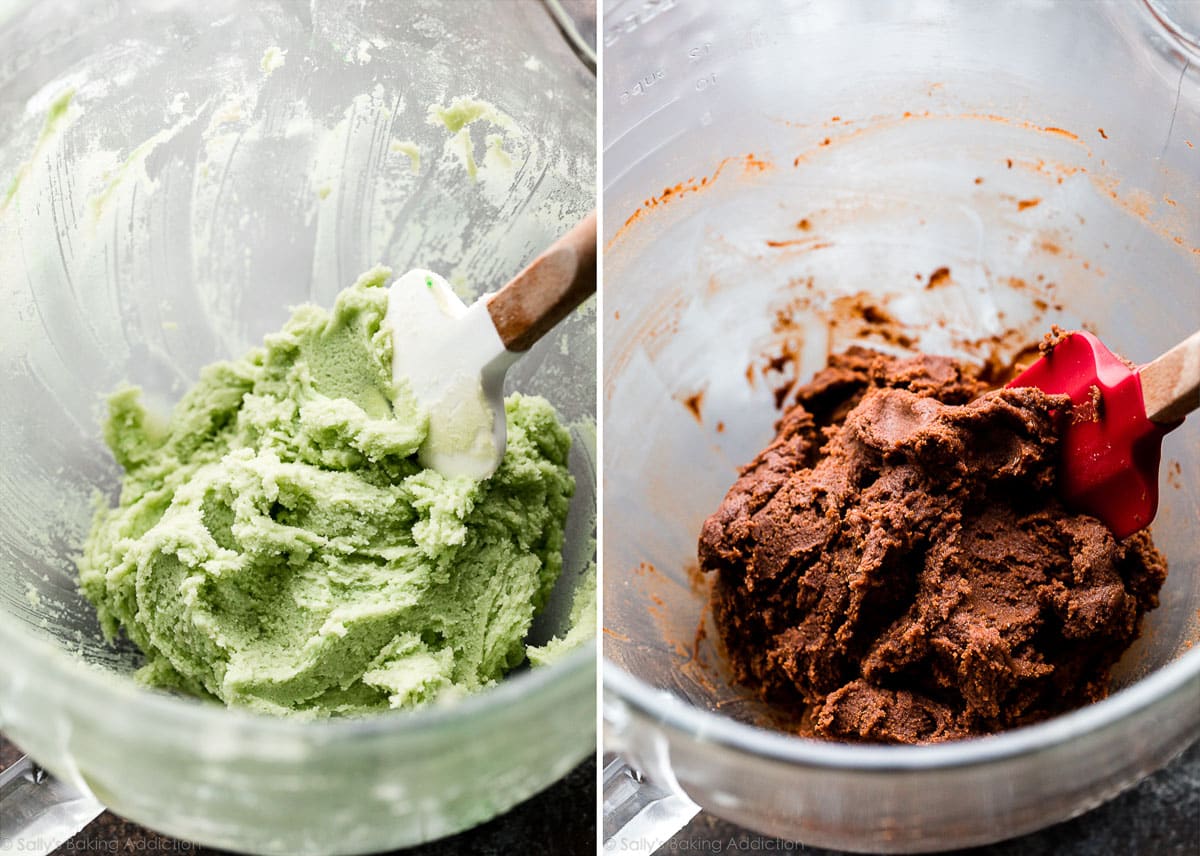mint cookie dough and chocolate cookie dough in glass bowls