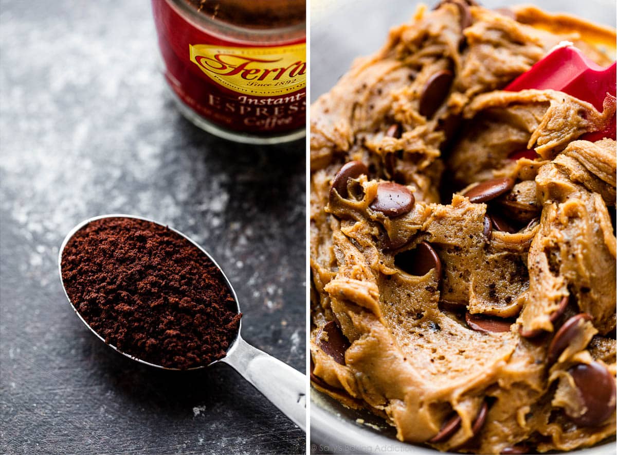 espresso powder and mocha blondie batter in bowl