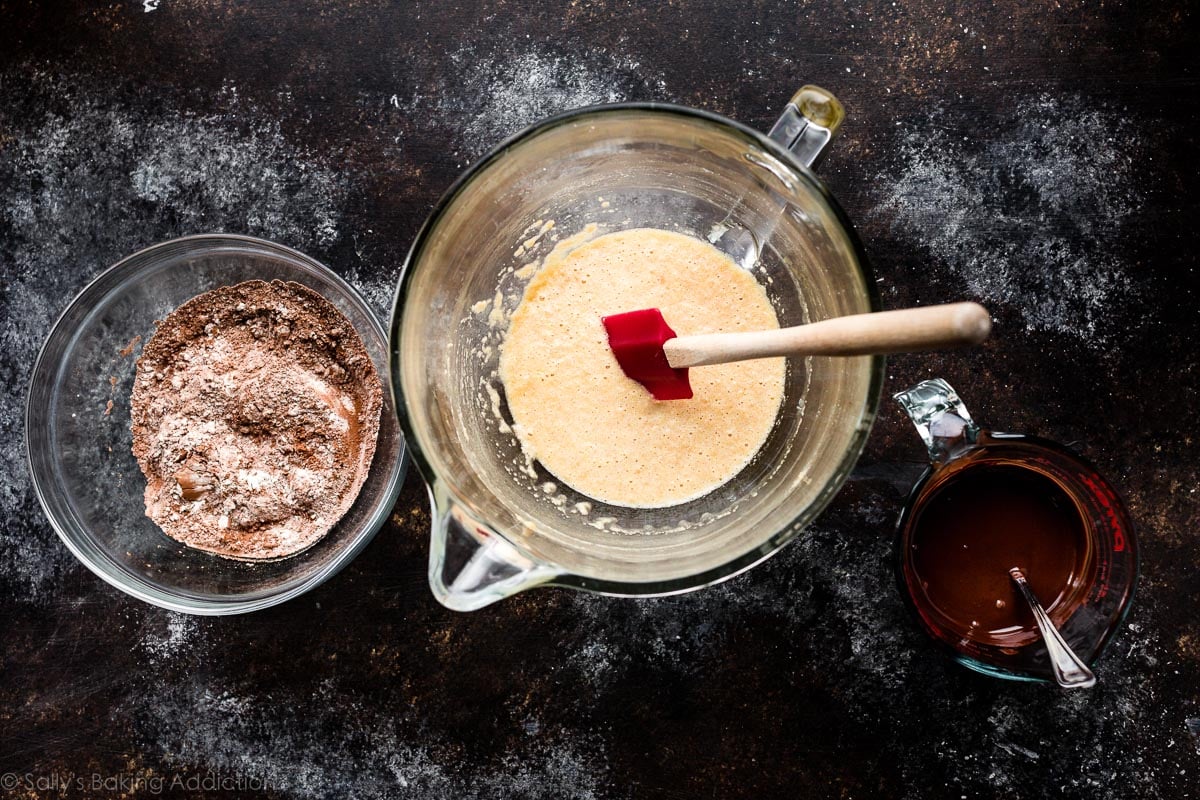 chocolate brownie cookie dough ingredients mixed together in different bowls