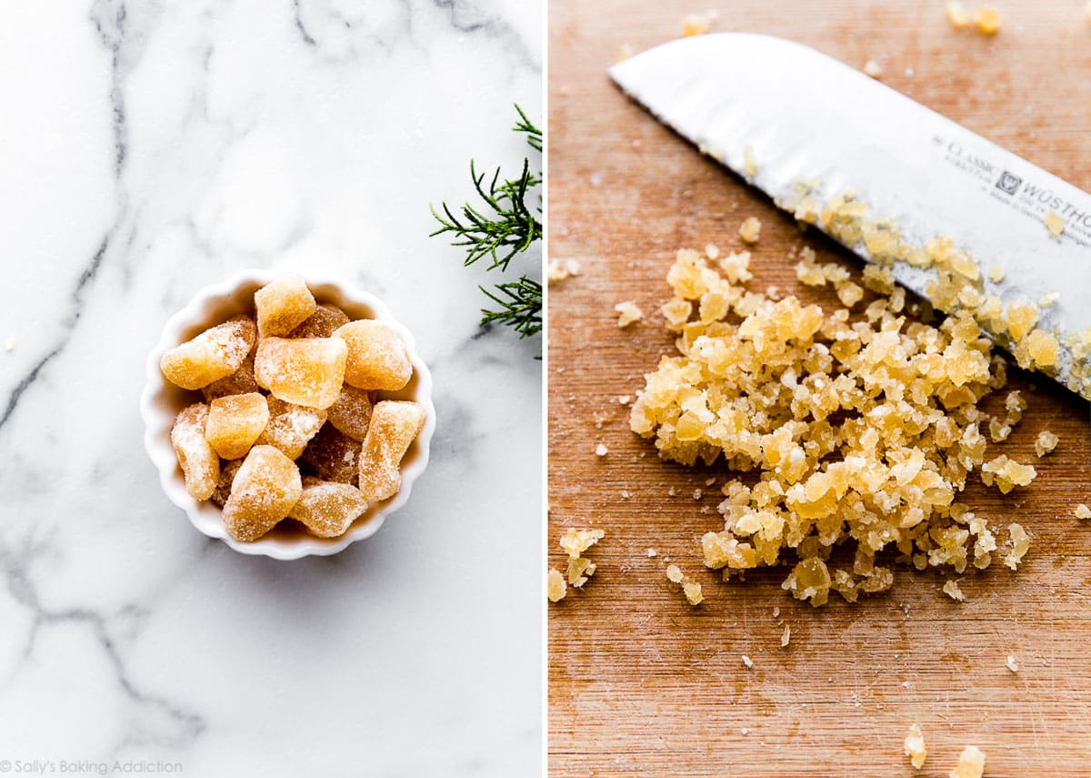 candied ginger in small white bowl and candied ginger diced on cutting board