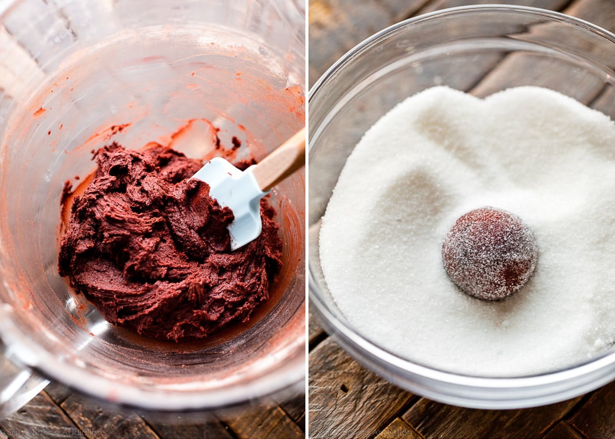 red velvet cookie dough in bowl and rolled in sugar