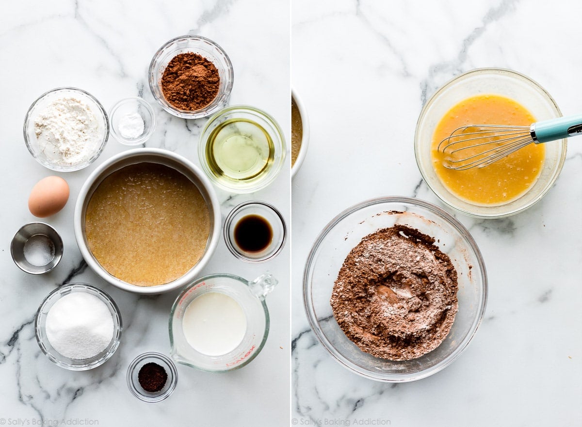 bowls of ingredients and a 6 inch cake pan