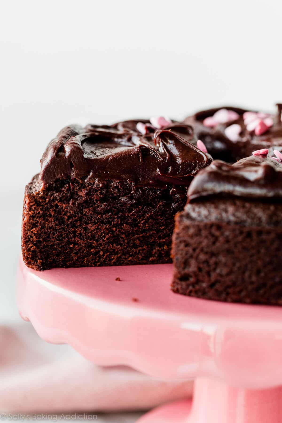 small chocolate cake on a pink cake stand