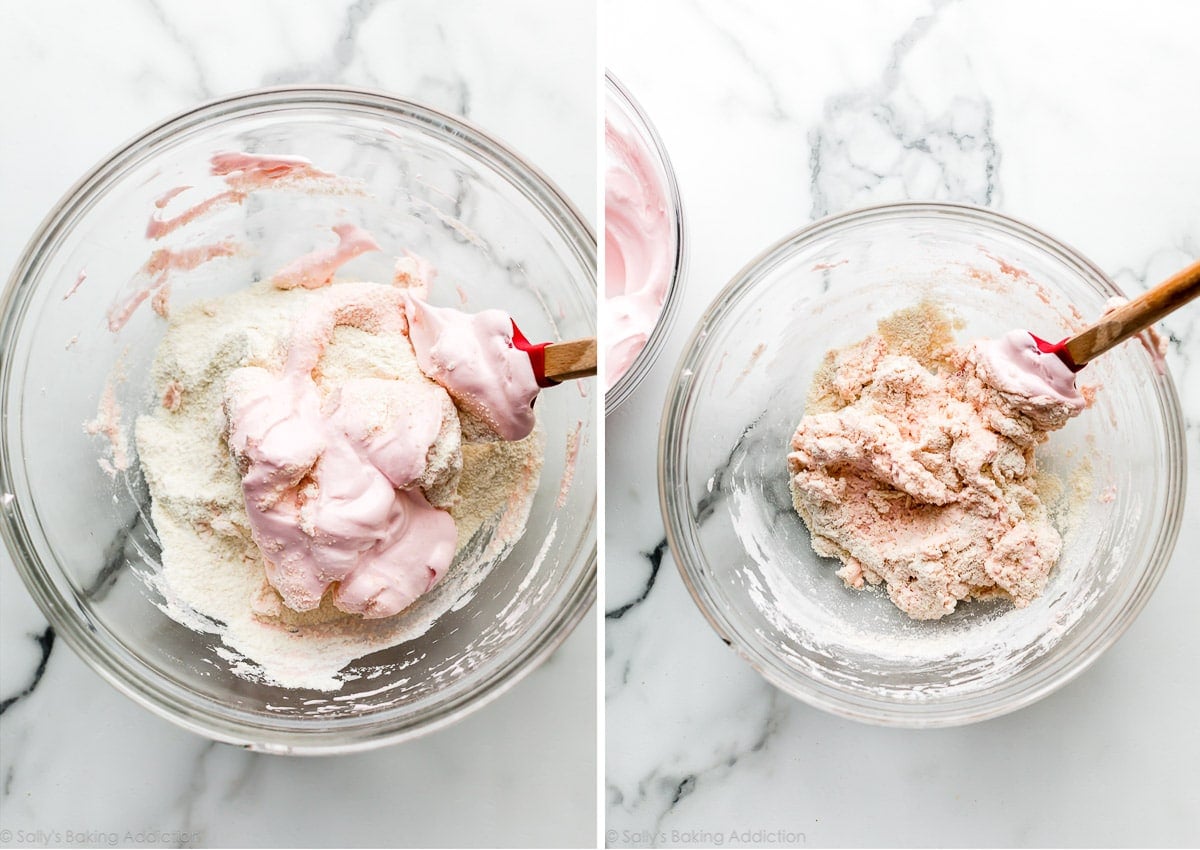 the stages of folding pink macaron batter in a glass bowl