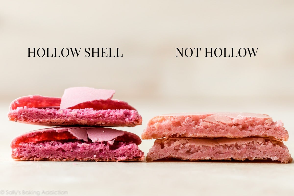 hollow french macaron shells next to a perfect not hollow macaron