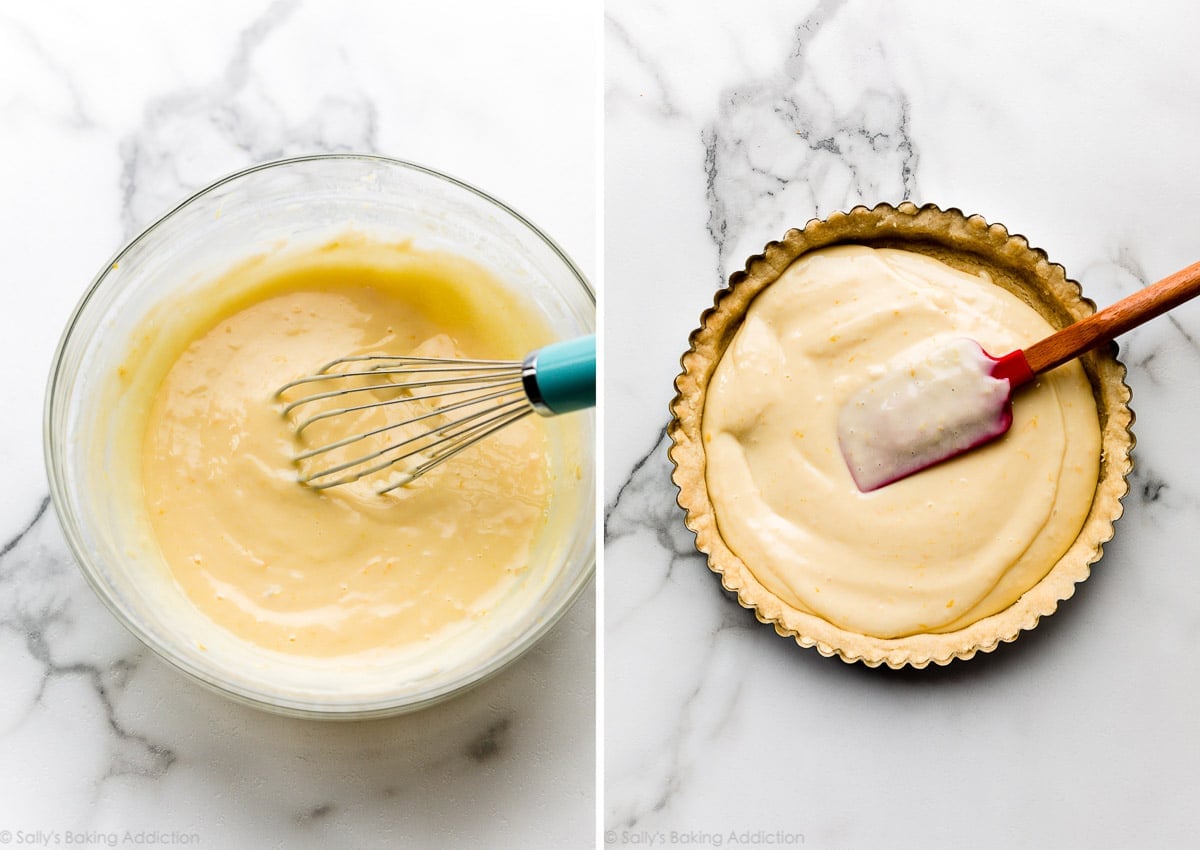 lemon filling in a glass bowl next to a photo of the filling spread into a tart crust