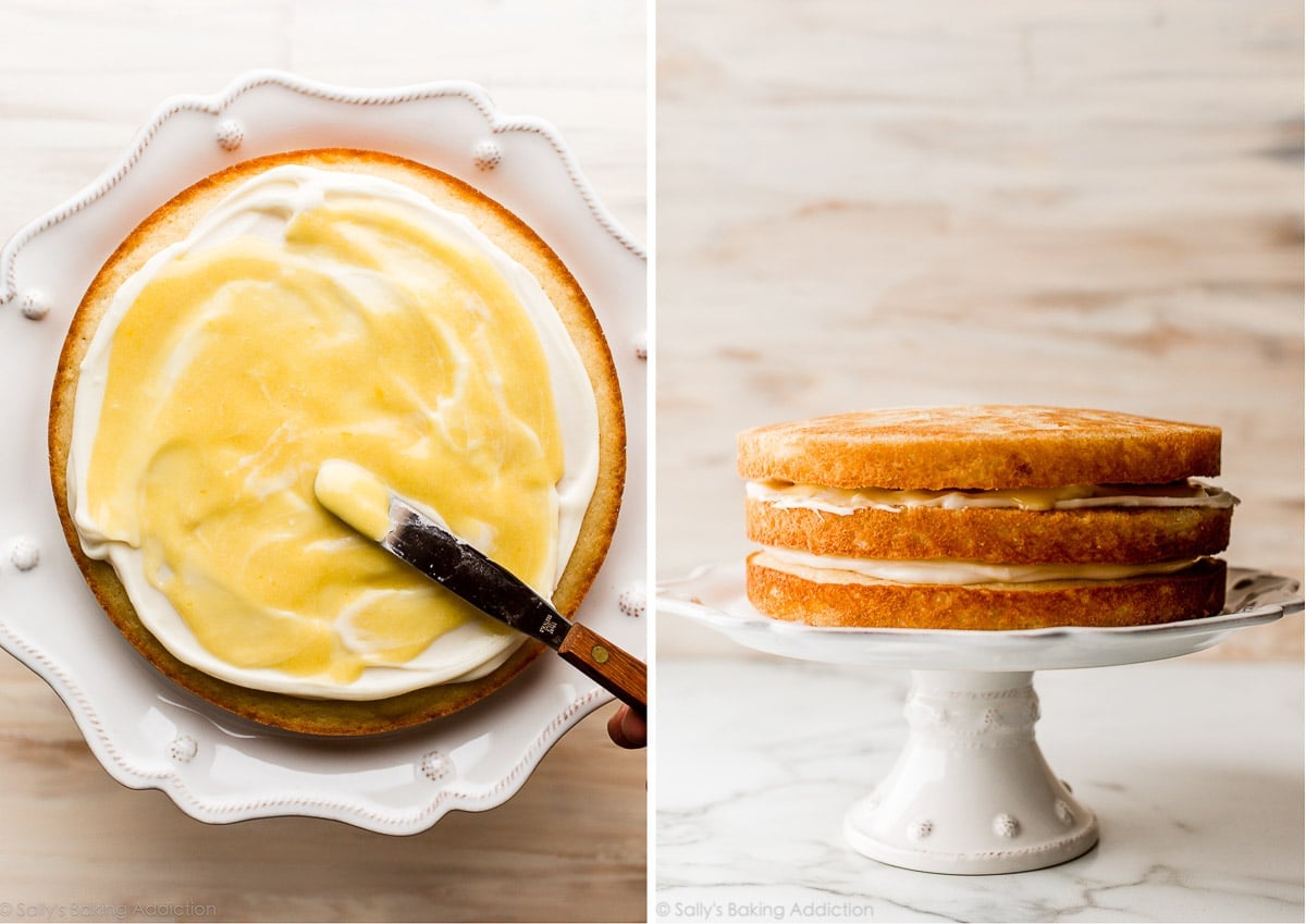 assembling the pineapple cake showing pineapple curd between each layer