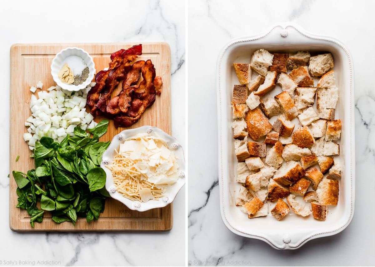 spinach, cooked bacon, parmesan cheese, and torn apart bread pieces