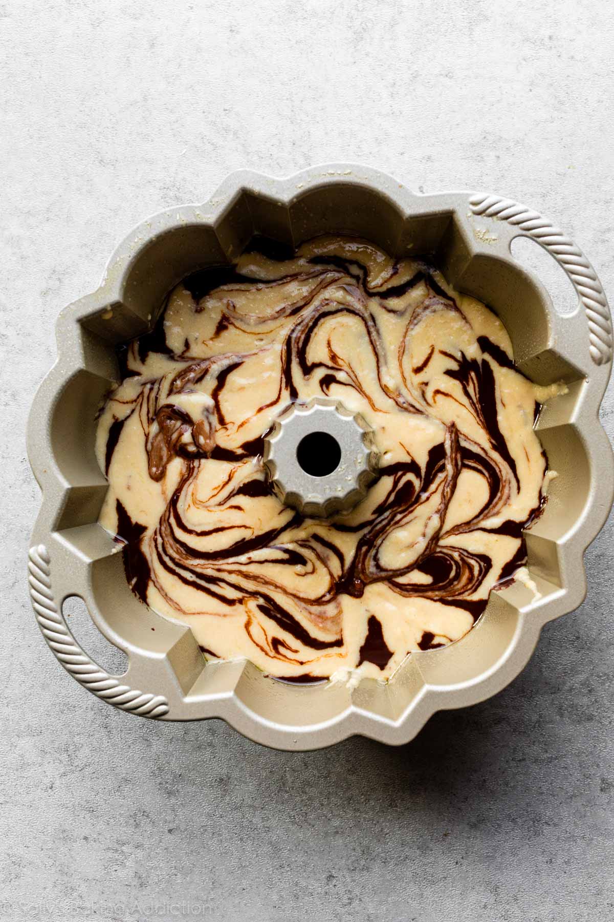 banana cake batter swirled with chocolate ganache